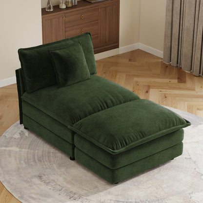 Green Chenille Armless 1-Seat Modular Sofa Unit with Ottoman, Solid-Wood Frame, Assembly-Required