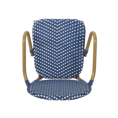 Outdoor Wicker and Aluminum 29.5" French Barstools, Set of 2, Navy Blue, Bamboo Print Finish