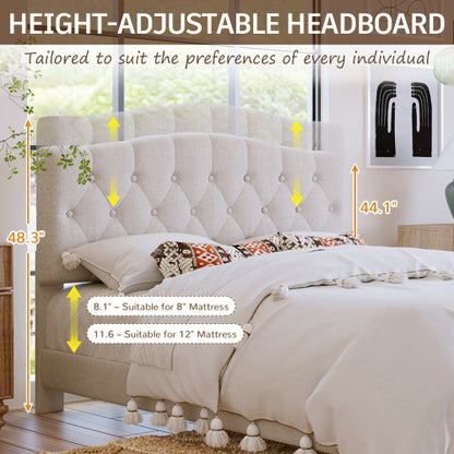Upholstered Platform Bed with Saddle Curved Adjustable Headboard and Diamond Tufted Details,Wooden Slats and Metal Support, No Box Spring Needed,Queen, Beige