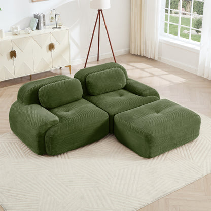 82-Inch Olive Green Corduroy L-Shaped Modular Sectional Sofa Curved Armrest