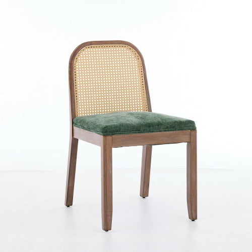 Set of 2 Green Curved Arched Cane Back Farmhouse Dining Chairs, Distressed Solid Wood Frame S-Spring Chenille Cushion