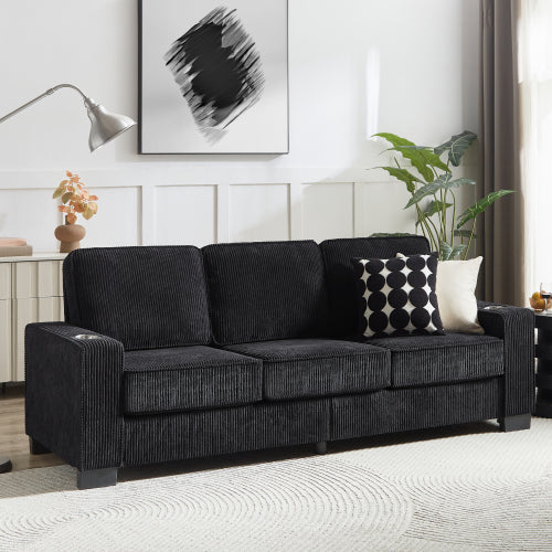 Black 83.86 inch  Corduroy 3Seater Compressed Sofa with Dual CupHolders