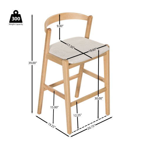 Indoor Rubberwood Barstool, Natural Finished and Beige Upholstery, Set of 2