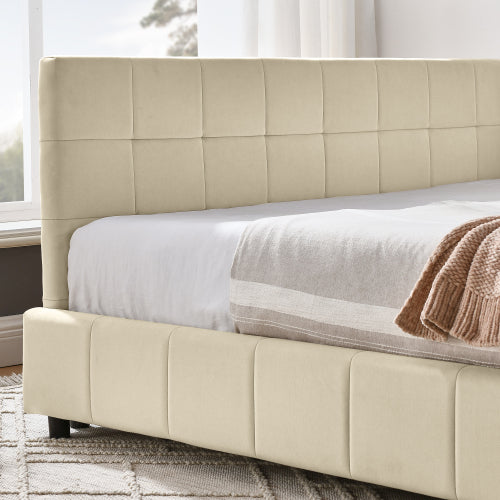 Full Size Upholstered Tufted  Bed Frame, Sofa Bed Frame with Comfortable Backrest and Armrests, Full Size Bed for Bedroom, Living Room,Velvet, NEW BEIGE(80.5inch *59inch *30.5inch )