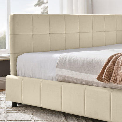 Full Size Upholstered Tufted  Bed Frame, Sofa Bed Frame with Comfortable Backrest and Armrests, Full Size Bed for Bedroom, Living Room,Velvet, NEW BEIGE(80.5inch *59inch *30.5inch )