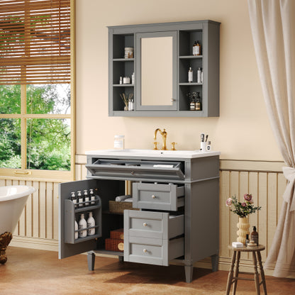 36'' Bathroom Vanity with Top Sink, Modern Bathroom Storage Cabinet with Mirror, 2 Drawers and a Tip-out Drawer, Mirror Cabinet with 6 Open Shelves, Single Sink Bathroom Vanity