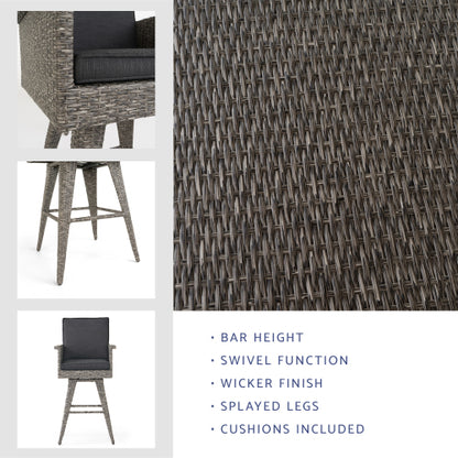 30" Outdoor Wicker Swivel Barstool with Water Resistant Cushion, Mixed Black and Dark Grey