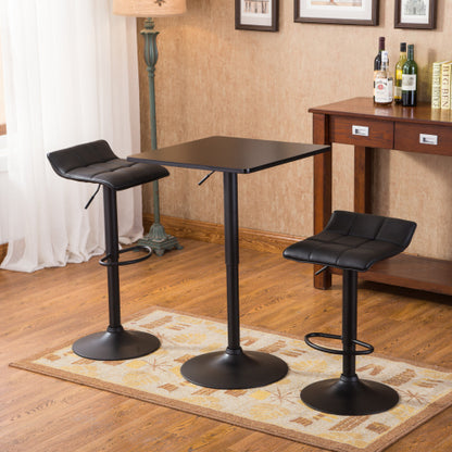 Black Square Top Adjustable Height with Black Leg And Base Metal Bar Table and 2 Swivel Black Bonded Leather Adjustable Bar Stool Bar Sets