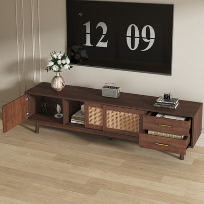 70.86 Inch Dark Brown PE Rattan Sliding Door TV Stand Solid Wood Leg Media Console For 80 Inch TV