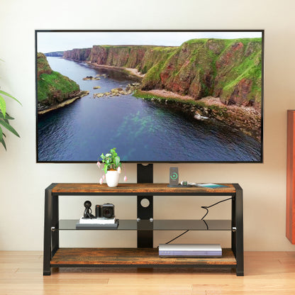 Rustic Brown Swivel TV Stand, Black Tempered Glass Height Adjustable Cart with Power Outlets for 32-65 Inch TV