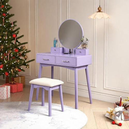Contemporary Purple Wood Vanity and Stool Set, Round Mirror, Rubberwood Frame, 32.68 inch W