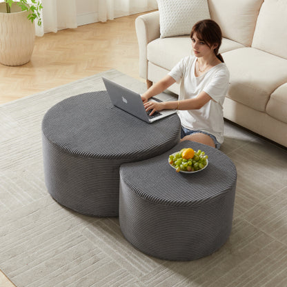 Set of 2 Upholstered Nesting Round Coffee Tables, Ottoman Side Table, No Assembly