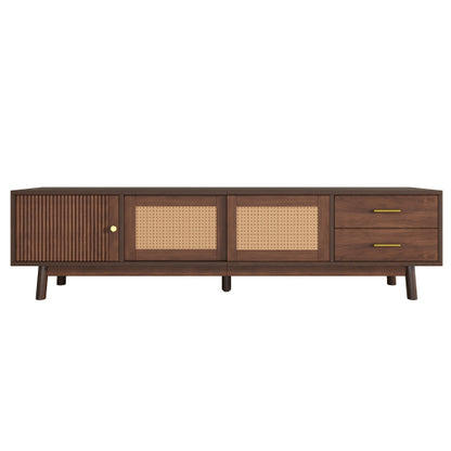 70.86 Inch Dark Brown PE Rattan Sliding Door TV Stand Solid Wood Leg Media Console For 80 Inch TV