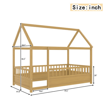 Twin Size Floor Wooden Bed with House Roof Frame, Fence Guardrails,(Twin,Natural)