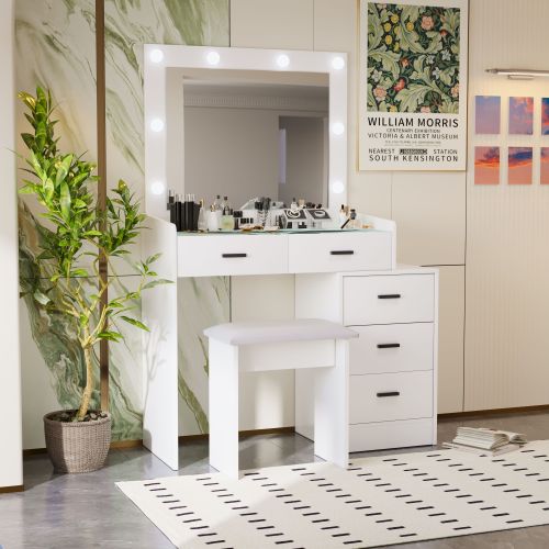 White Adjustable Vanity Desk with 5 Drawers, LED Mirror, 3 Lighting Modes & Matching Stool