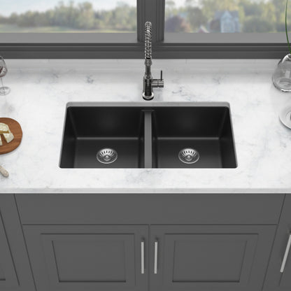Quartz Kitchen Sink - 33" x 19" x 10.33" Black granite composite undermount kitchen sink Double Bowl