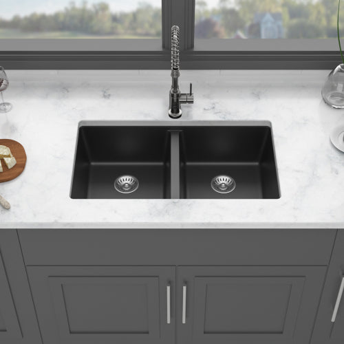 Quartz Kitchen Sink - 33" x 19" x 10.33" Black granite composite undermount kitchen sink Double Bowl