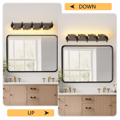 Bathroom Light Fixtures Over Mirror 5-Lights Bathroom Vanity Light with Clear Globe Glass Shade Modern Black Vanity Light Wall Sconce Vanity Lighting for Bath(Bulbs Not Included)