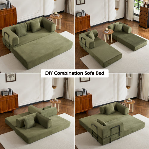 Green Corduroy Convertible Sleeper Sofa Bed with Cylindrical Pillow