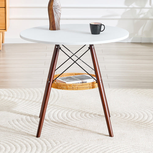 31.5 Inch Round Coffee Table with Woven Basket, White & Walnut