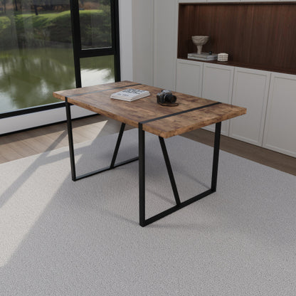 5-Piece Dark Wood & Black Metal Dining Set, Medieval MDF Table with 4 Waterproof Suede Chairs