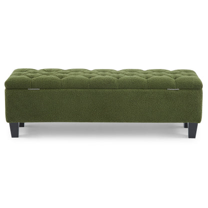 Green Boucle Storage Ottoman Bench, Tufted Design with Rubber Wood Legs, 300 LBS Capacity, 51.18 inchL x17.52 inchW x18 inchH