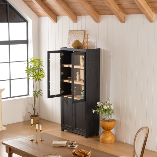 74.5''H Ash Wood Grain Mid-Century Glass Door Display Cabinet Adjustable Shelf Home Storage Cabinet