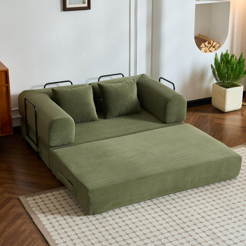 59-Inch Green Corduroy Convertible Sleeper Sofa-Bed Fixed-Shape Metal-Frame Floor Lounge Couch with Cylindrical Pillow No-Assembly