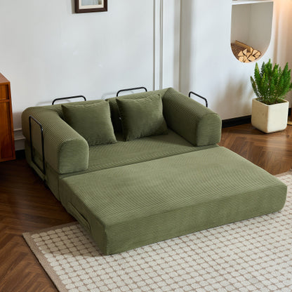 59-Inch Green Corduroy Convertible Sleeper Sofa-Bed Fixed-Shape Metal-Frame Floor Lounge Couch with Cylindrical Pillow No-Assembly