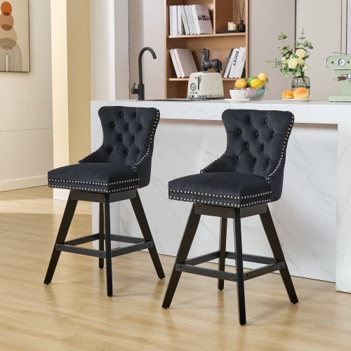 Swivel Velvet Barstools with Button Tufted Decoration and Wooden Legs, and Chrome Nailhead Trim, Leisure Style Bar Chairs,Bar stools, Set of 2 (Black)
