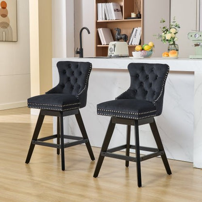 Swivel Velvet Barstools with Button Tufted Decoration and Wooden Legs, and Chrome Nailhead Trim, Leisure Style Bar Chairs,Bar stools, Set of 2 (Black)