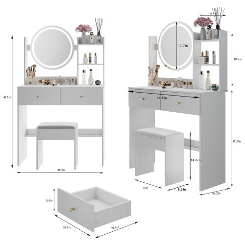 17inch  Round LED Mirror Vanity Table + Soft Cushion Stool Suit, Large Mirror, Touch Switch, 3 colors, Adjustable Brightness, Large Desktop, Multi-layer High Capacity Storage, Suitable For Small Space