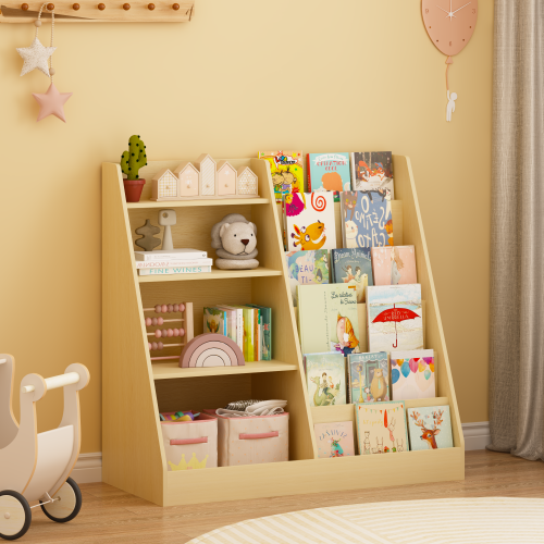 Natural Tone 4-Tier Kids MDF Bookshelf with Anti-Tip Kit, 2-Shelf 1-Bin Nursery Toy Storage Rack