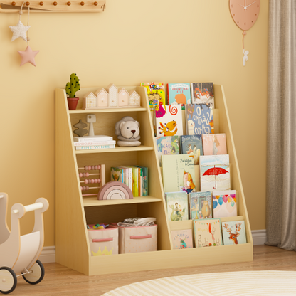 Natural Tone 4-Tier Kids MDF Bookshelf with Anti-Tip Kit, 2-Shelf 1-Bin Nursery Toy Storage Rack