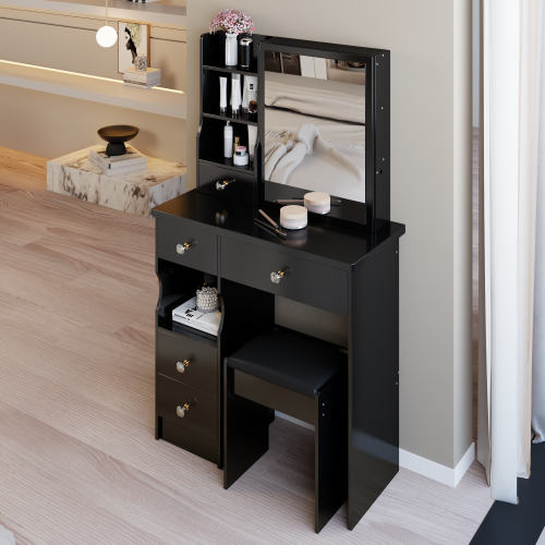 29.2" Small Size Left Drawer Desktop Vanity Table + Cushioned Stool, Extra Large Right sliding mirror, Multi Layer High Capacity Storage, Practical Fashionable Dresser, Suitable For Small Space