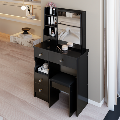 29.2" Small Size Left Drawer Desktop Vanity Table + Cushioned Stool, Extra Large Right sliding mirror, Multi Layer High Capacity Storage, Practical Fashionable Dresser, Suitable For Small Space