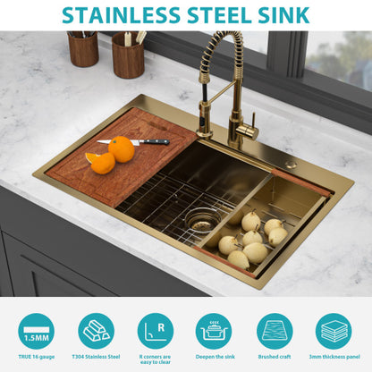 36" Drop in Gold Kitchen Sink - 36 x 22 x 10 inch Kitchen Sink Drop-in Topmount Single Bowl 16 Gauge Stainless Steel Ledge Workstation Kitchen Sinks