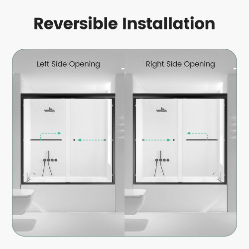 56"-60"W*58" H Semi-Frameless Double Sliding Tub Door, Bypass Bathtub Shower, 1/4" (6mm) Thick SGCC Tempered Glass Door, Matte Black