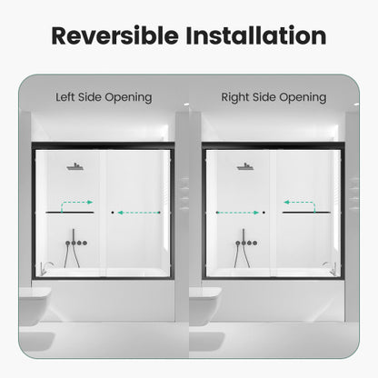 56"-60"W*58" H Semi-Frameless Double Sliding Tub Door, Bypass Bathtub Shower, 1/4" (6mm) Thick SGCC Tempered Glass Door, Matte Black