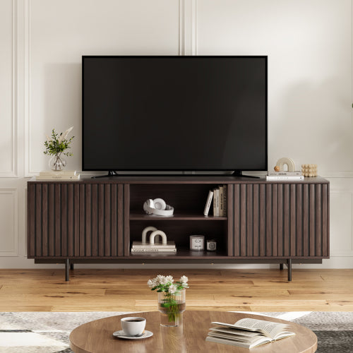 63 Inch Mid Century Farmhouse Fluted Retro Pop-Up Door TV Console for 75 Inch Large TV