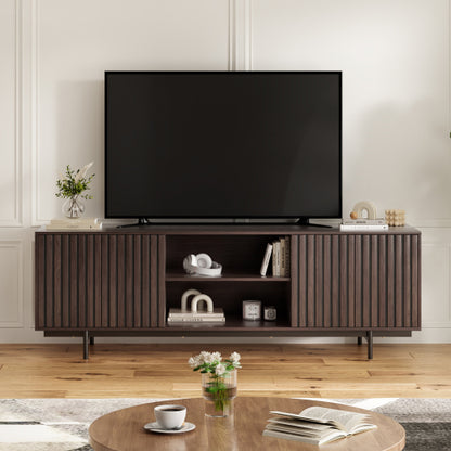 63 Inch Mid Century Farmhouse Fluted Retro Pop-Up Door TV Console for 75 Inch Large TV