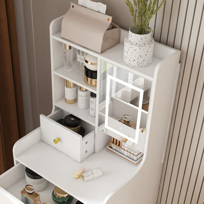 White 3-in-1 Dressing Table with LED Mirror & Storage Stool, 4 Drawers, Storage Cabinet, Open Bookshelf