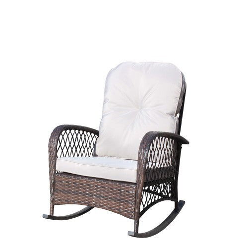 Outdoor Wicker Rocking Chair with Wide Seat, Thick, Soft Cushion, Rattan Rocker w/Steel Frame, High Weight Capacity for Patio, Garden, Backyard, Grey Cushion