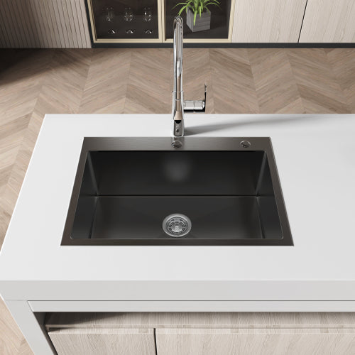 Stainless Steel Kitchen Sink, 27″x19″ Single Bowl, Overmount Handmade Sink in Black, with US Standard Drain and Hook, LS-SSBL01