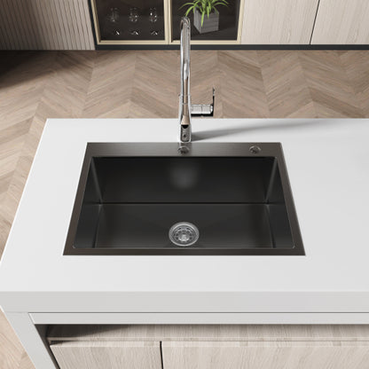 Stainless Steel Kitchen Sink, 27″x19″ Single Bowl, Overmount Handmade Sink in Black, with US Standard Drain and Hook, LS-SSBL01