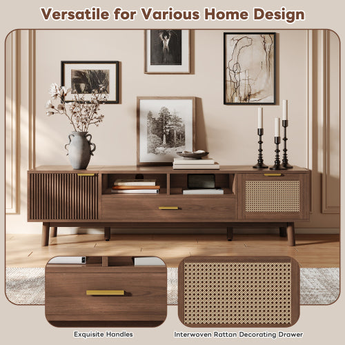 66.9 Inch Dark Brown Rattan TV Stand with Soft-Closing & Drop-Down Doors for 75 Inch TV