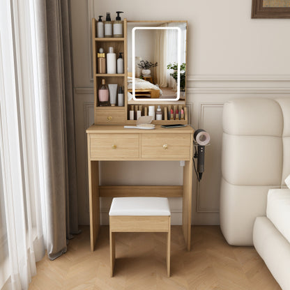 Modern Small Vanity Desk w/ 3-Color LED Mirror, 3 Drawers, Power Outlet, Hair Dryer Holder & Chair, Black