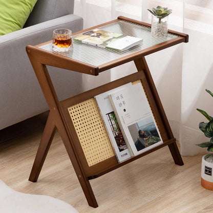 Boho Rattan Bamboo Glass Side Table with Storage, Brown