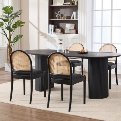 Set of 2 Rattan Dining Chairs with Teddy Upholstered Seat, Wood Legs, Black Kitchen Chairs