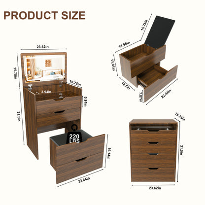 3-in-1 Vanity Desk with Lighted Mirror & Stool, Flip Top Makeup Dressing Table, Compact Storage for Bedroom, Bathroom, Dressing Room(23.62inch L, Walnut)